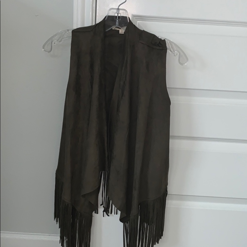 Olive green faux suede fringe vest